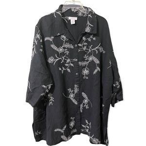 Avenue Blouse Top Size 30/32 Black w White Embroidery Linen Rayon Button Up 4X